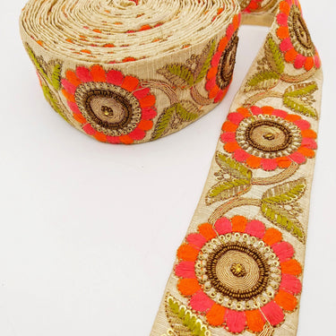Beige Art Silk Lace Trim, Floral Embroidery in Green, Pink and Orange